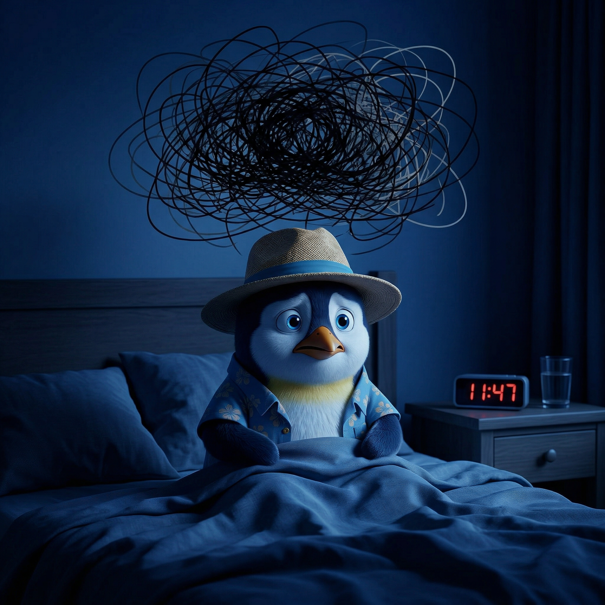 Penguin Pete awake late at night with racing thoughts, representing anxiety and insomnia.