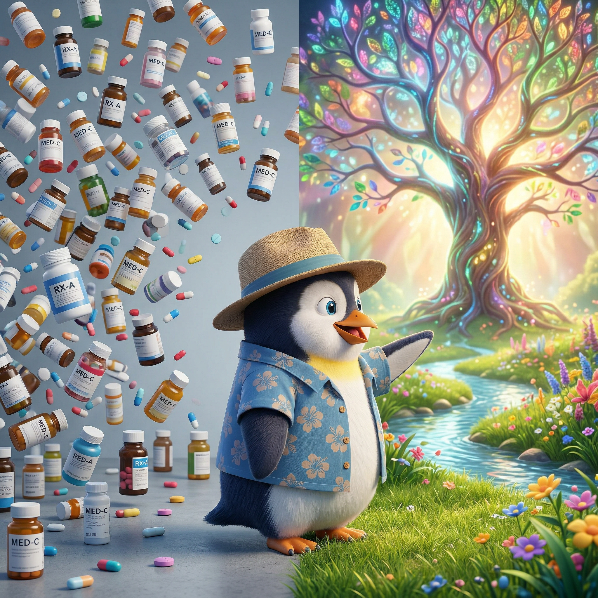 Penguin Pete choosing holistic healing and nature over relying solely on medication.