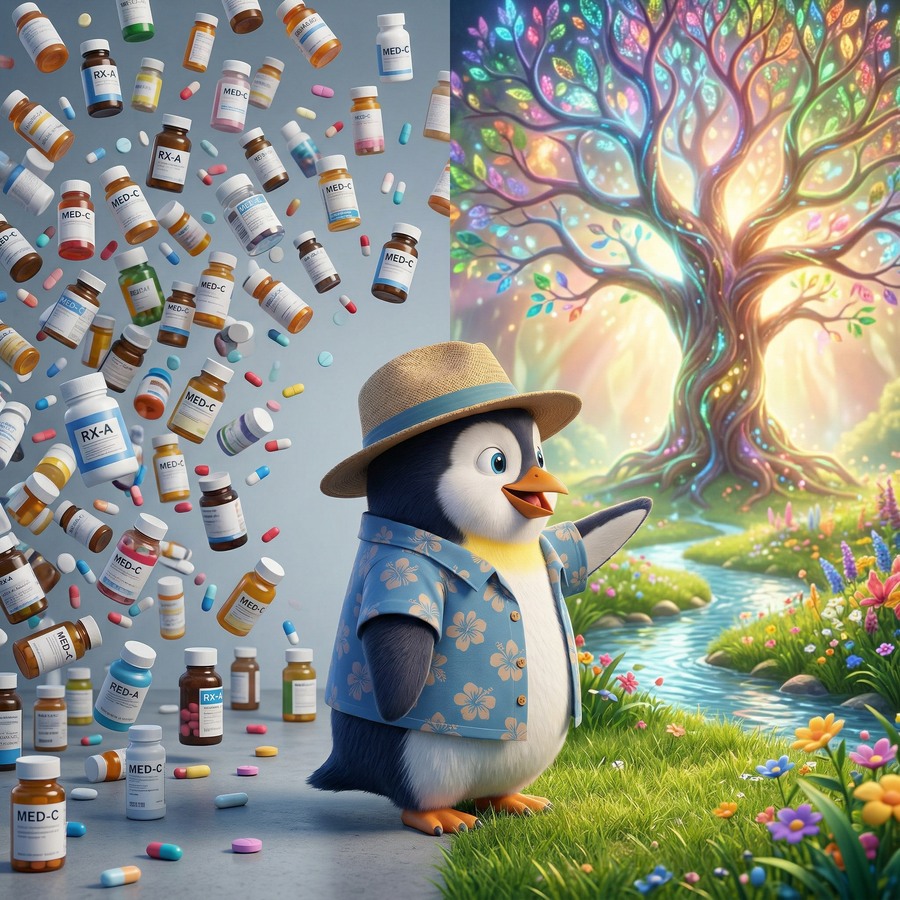 Penguin Pete choosing holistic healing and nature over relying solely on medication.