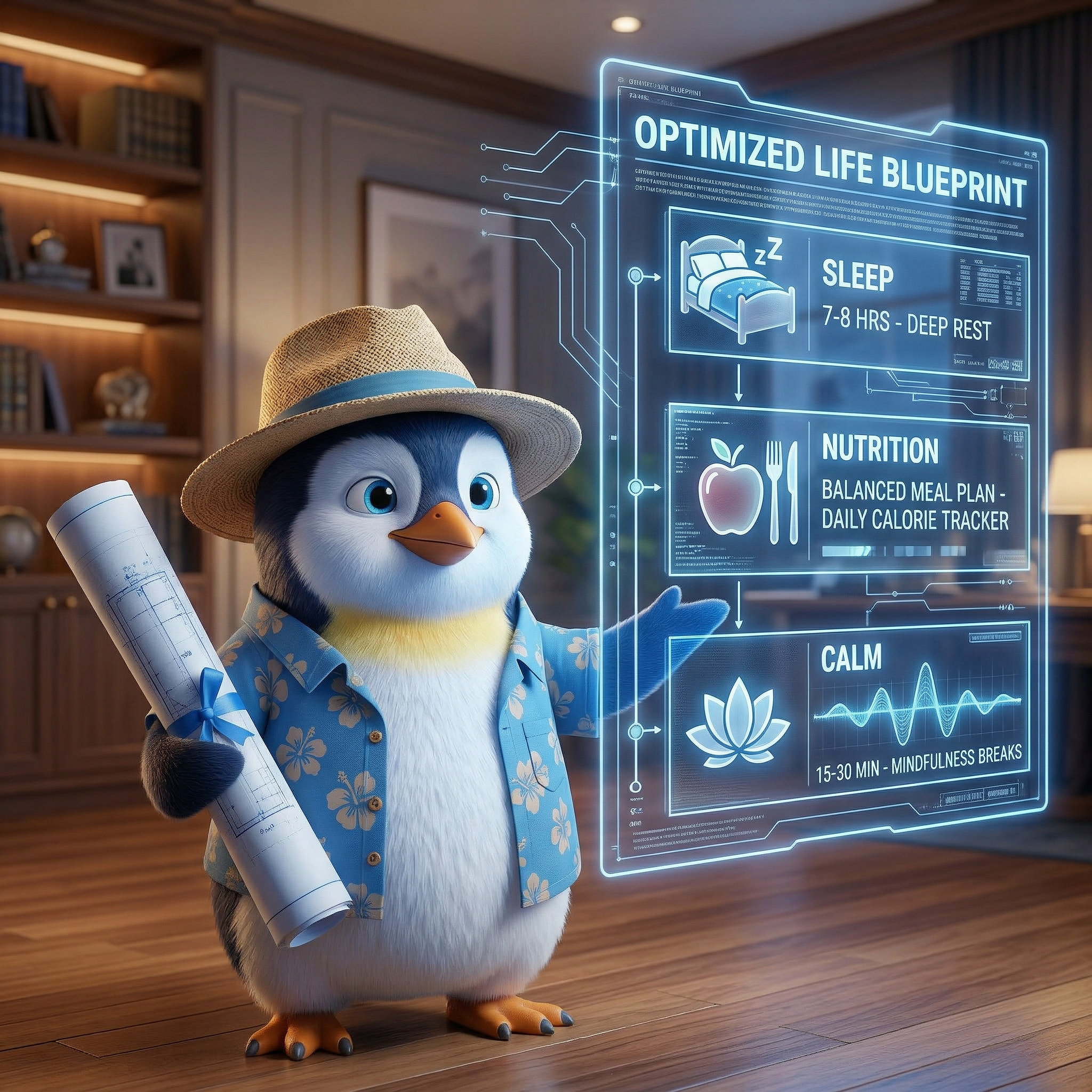 Penguin Pete reviewing The Calm Blueprint, a systematic approach to anxiety relief.