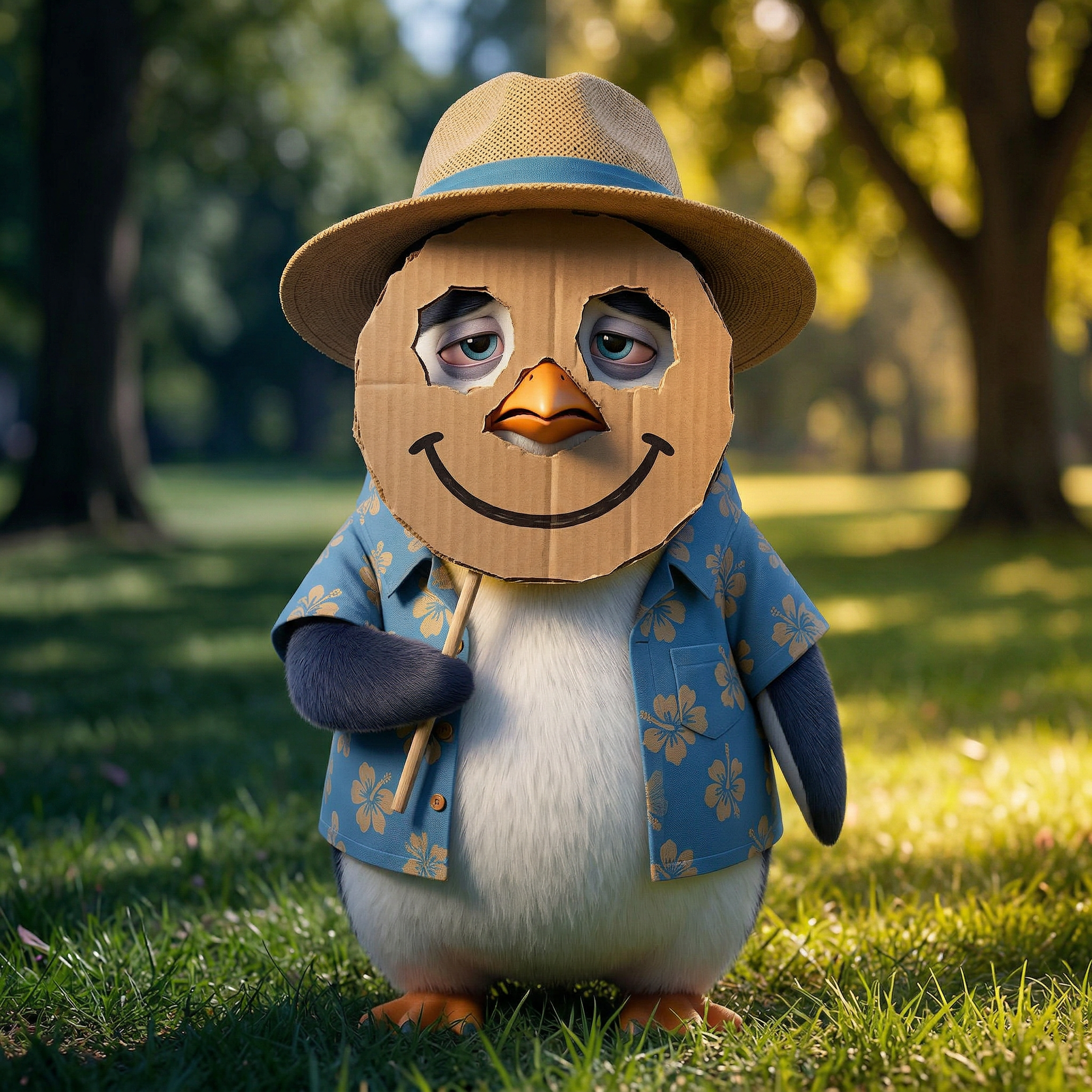 Penguin Pete holding a happy mask to hide his anxiety, representing high-functioning anxiety.
