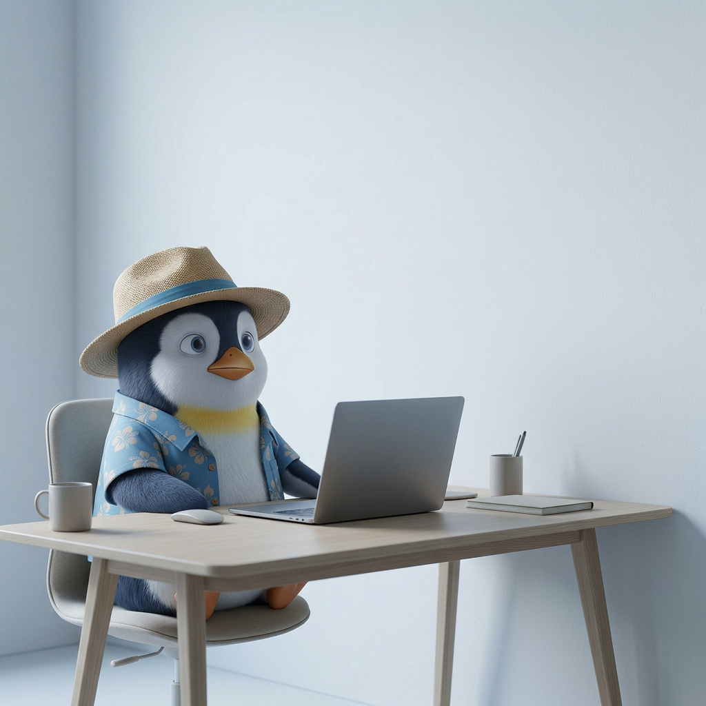 Penguin Pete sitting at a desk staring blankly at a wall, representing a lack of motivation and internal emptiness.