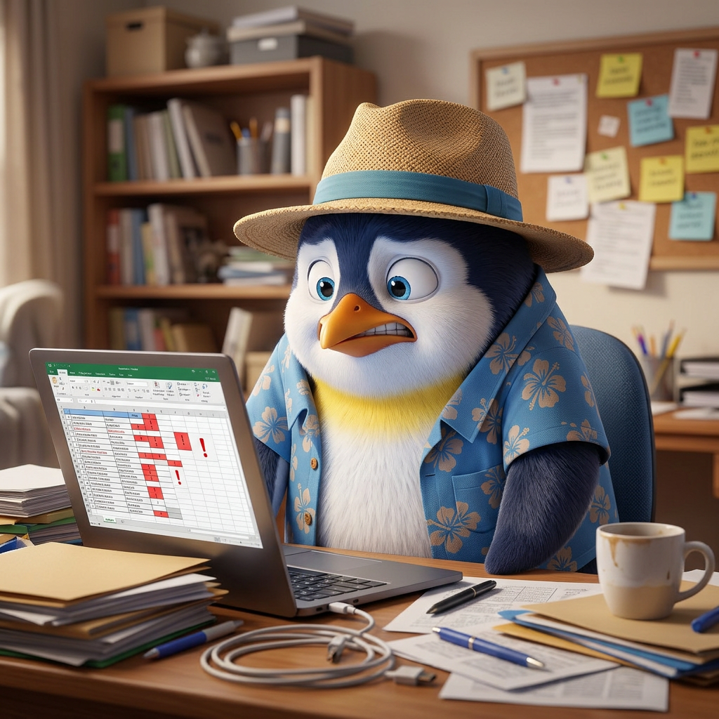 Penguin Pete sitting at a desk with hunched shoulders, illustrating physical tension and stress.