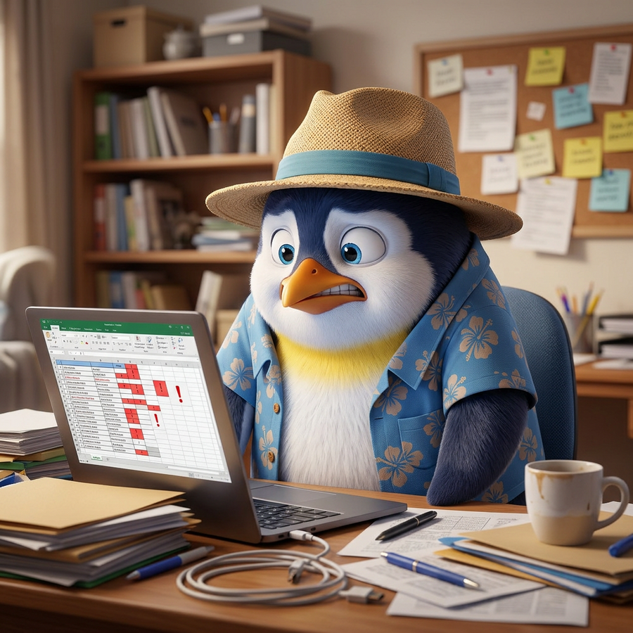Penguin Pete sitting at a desk with hunched shoulders, illustrating physical tension and stress.