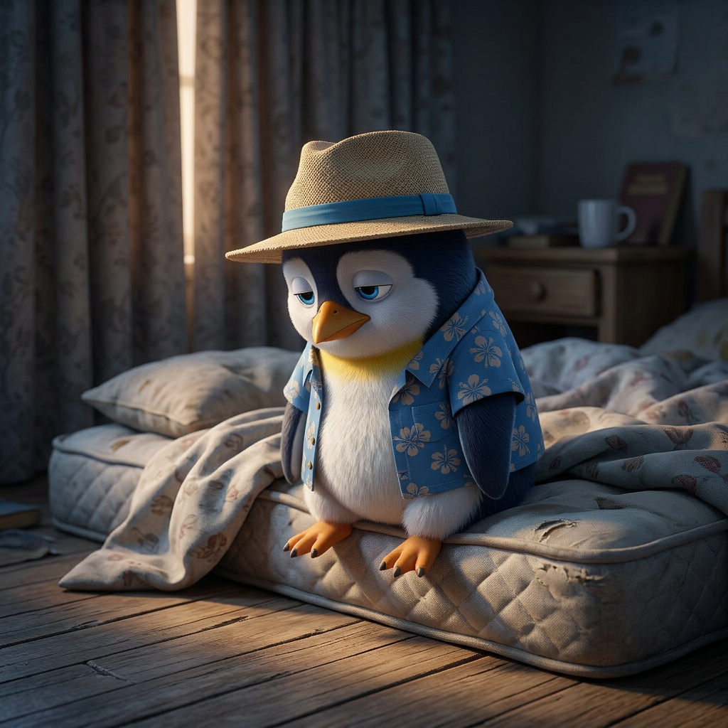Penguin Pete sitting on the edge of the bed looking exhausted and burned out despite it being morning.