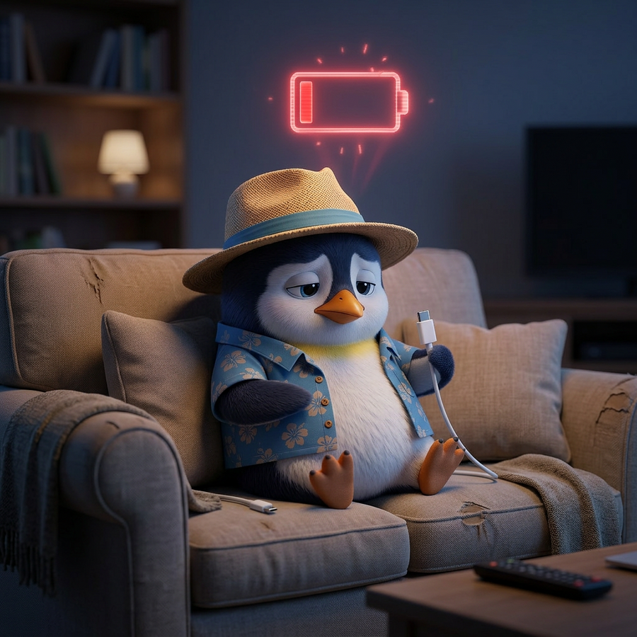 Penguin Pete sitting on a sofa with a low battery icon above his head, representing fatigue and lack of energy.