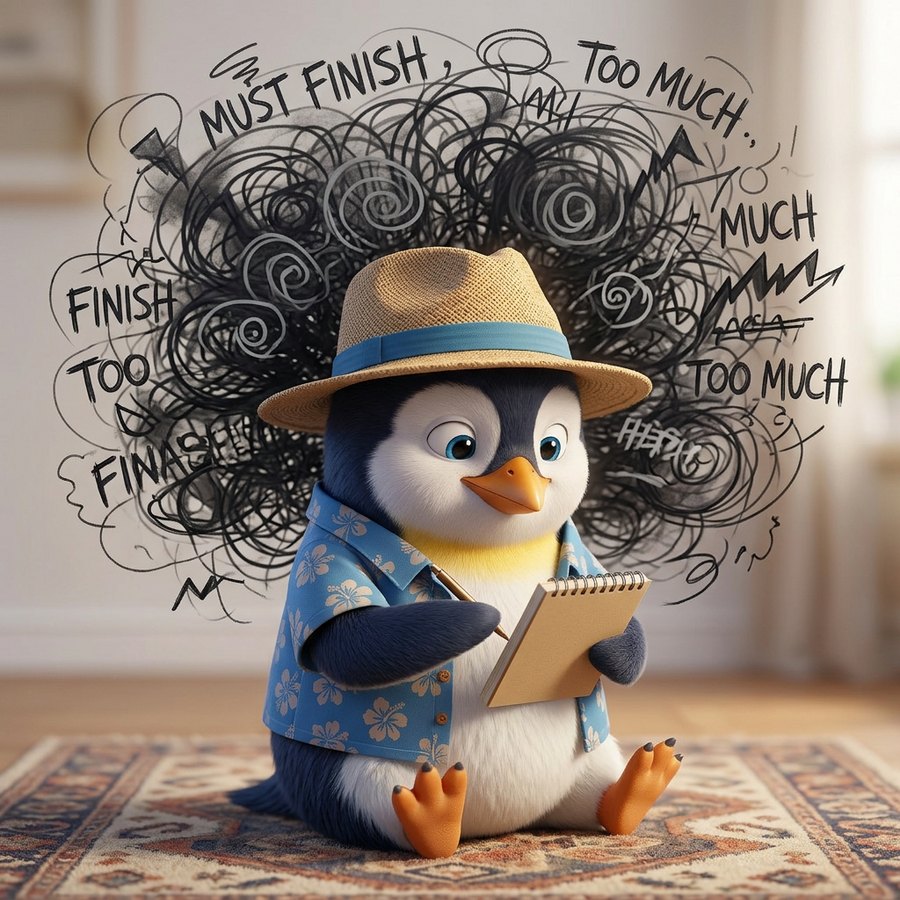 Penguin Pete holding a simple notebook and pen while a chaotic snowstorm of anxious thoughts swirls around his head.