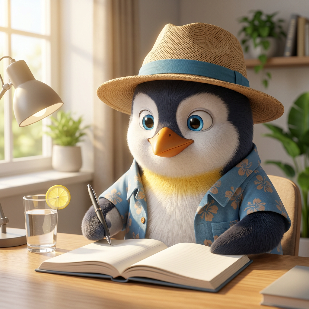 Penguin Pete sitting at a desk with a journal and a glass of water, determined to start a new morning routine.