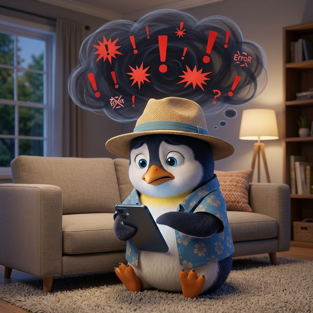 Penguin Pete sitting on a sofa looking worried at his phone, illustrating how a small text can trigger a catastrophic thought spiral.
