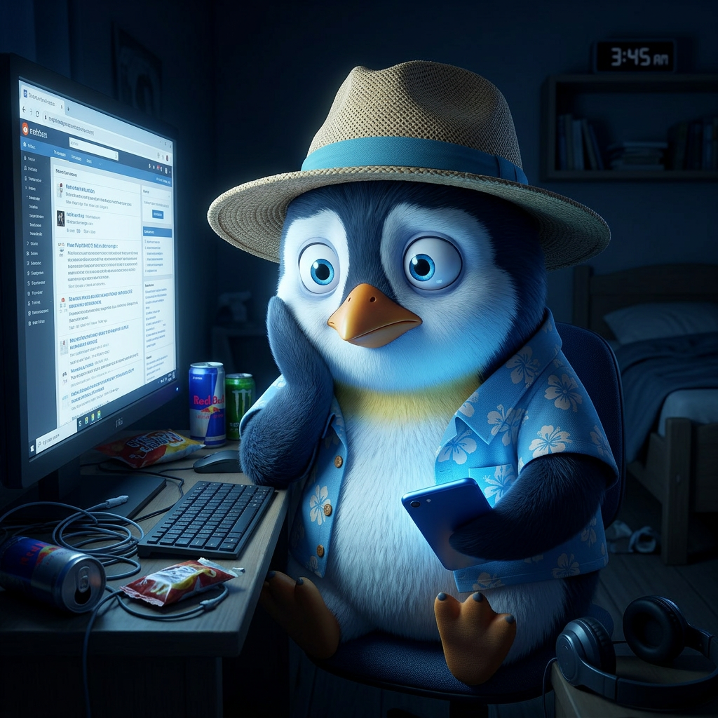 Penguin Pete sitting in a dark room, his face illuminated only by the harsh glow of multiple computer and phone screens, looking completely drained.
