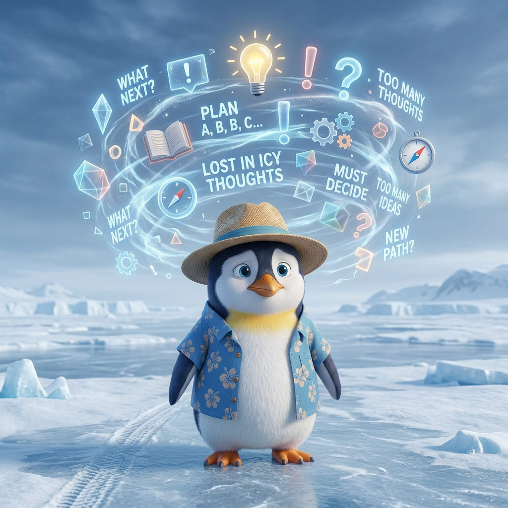 Penguin Pete standing in an icy landscape with a small snowstorm of digital icons swirling around his head, representing the global rise in anxiety.