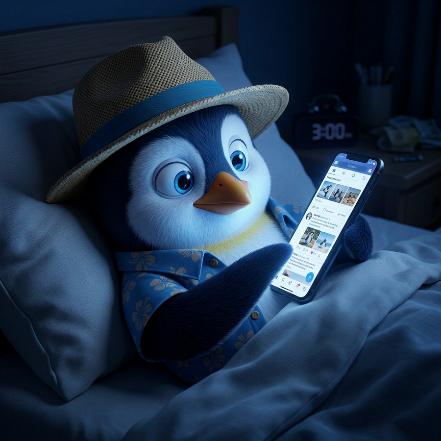 Penguin Pete lying in bed late at night, wide awake and illuminated by the bright blue light of his smartphone screen.