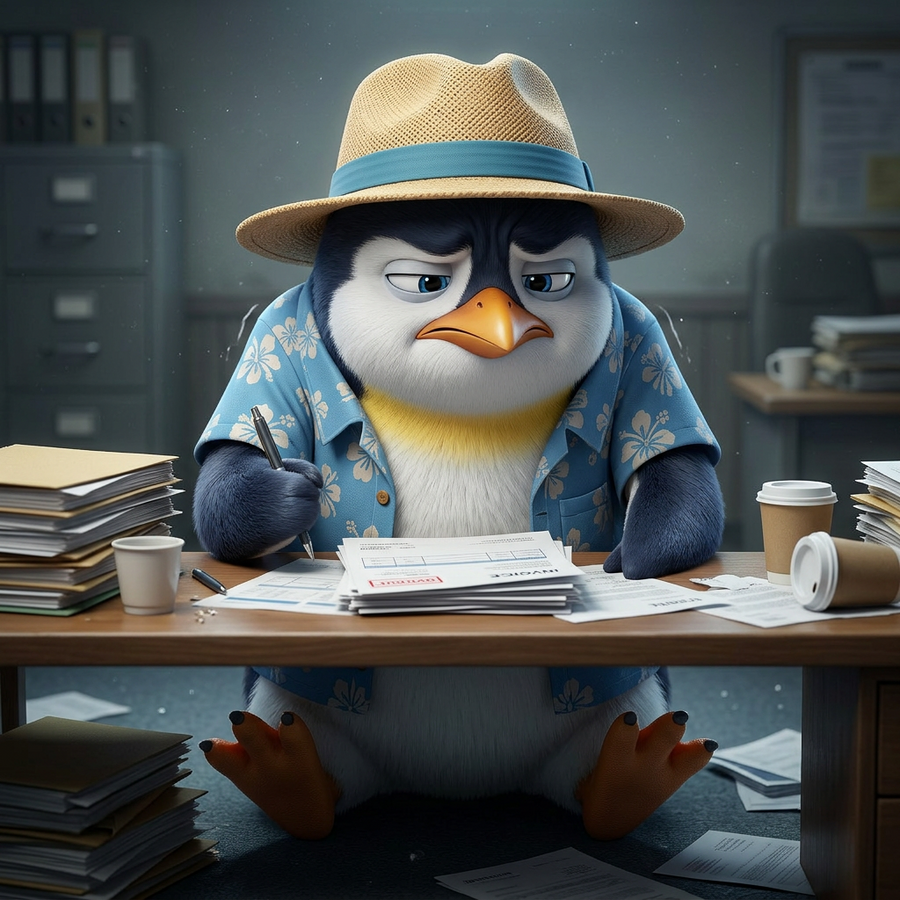 Penguin Pete sitting at a desk looking exhausted with hunched, tense shoulders, representing how stress lives physically in the body.