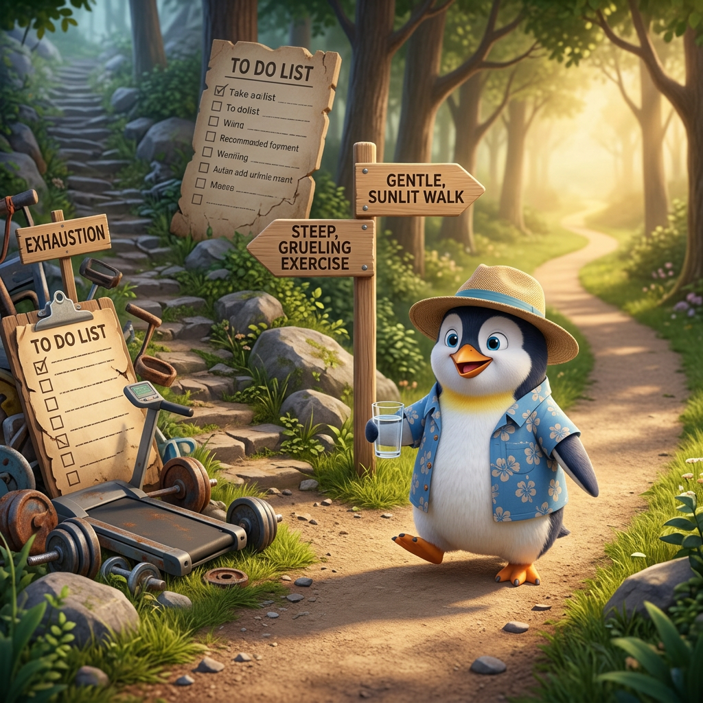 Penguin Pete choosing a simple, gentle walking path over an exhausting, complicated mountain of wellness tasks, illustrating a sustainable healthy lifestyle