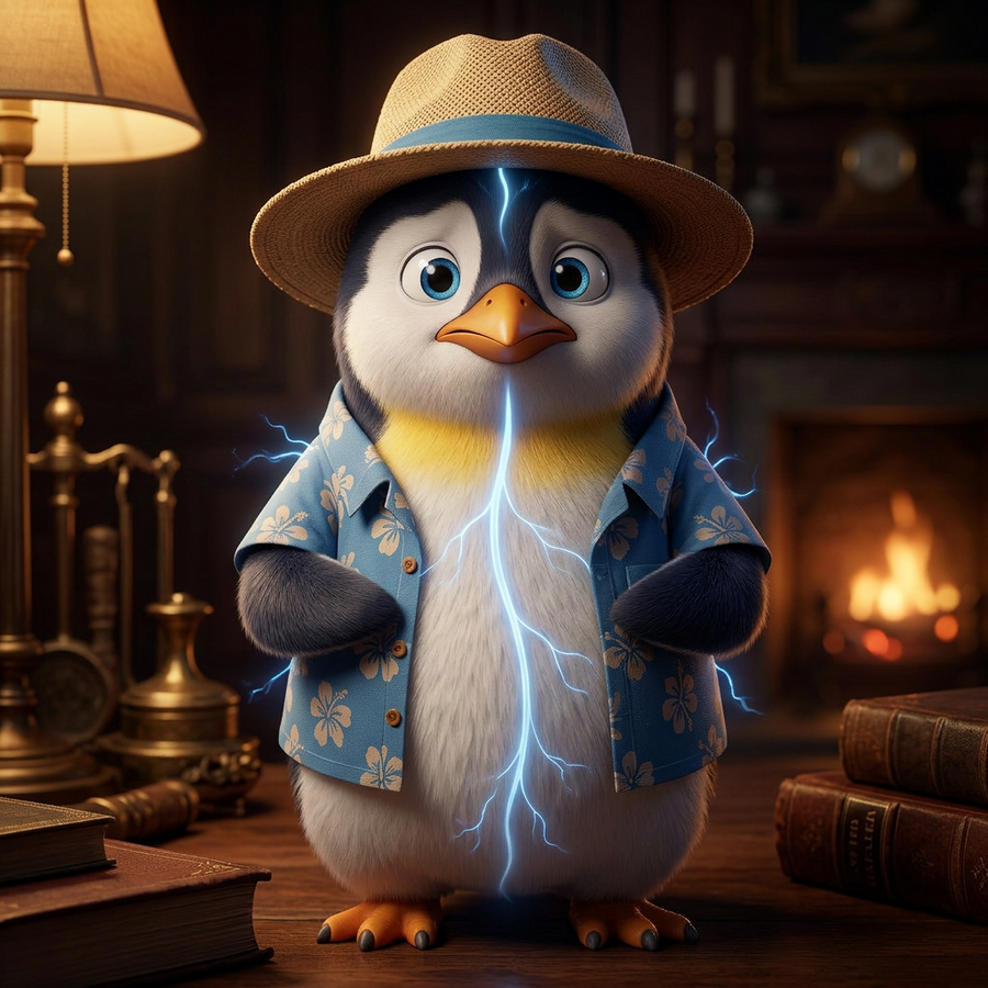 Penguin Pete standing in a dark room with a glowing blue line running down his neck and chest, symbolizing the vagus nerve as the body's internal reset switch for anxiety.