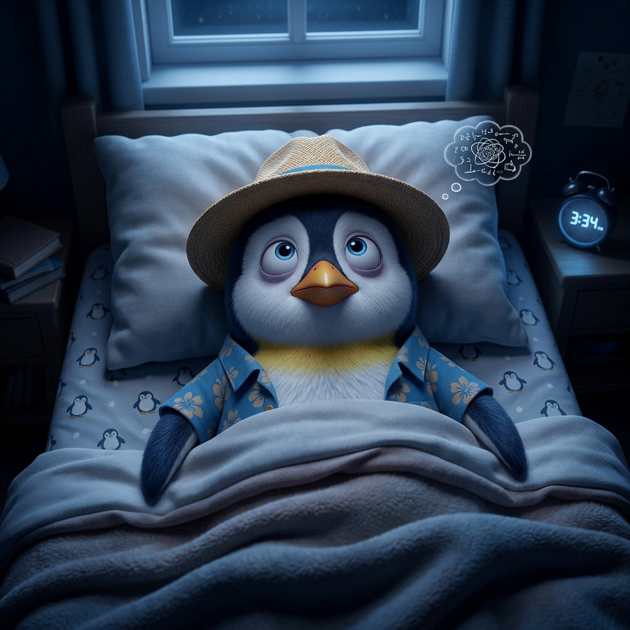 Penguin Pete lying in bed in the dark, staring wide-eyed at the ceiling, perfectly capturing the wired-but-exhausted feeling of nighttime anxiety.